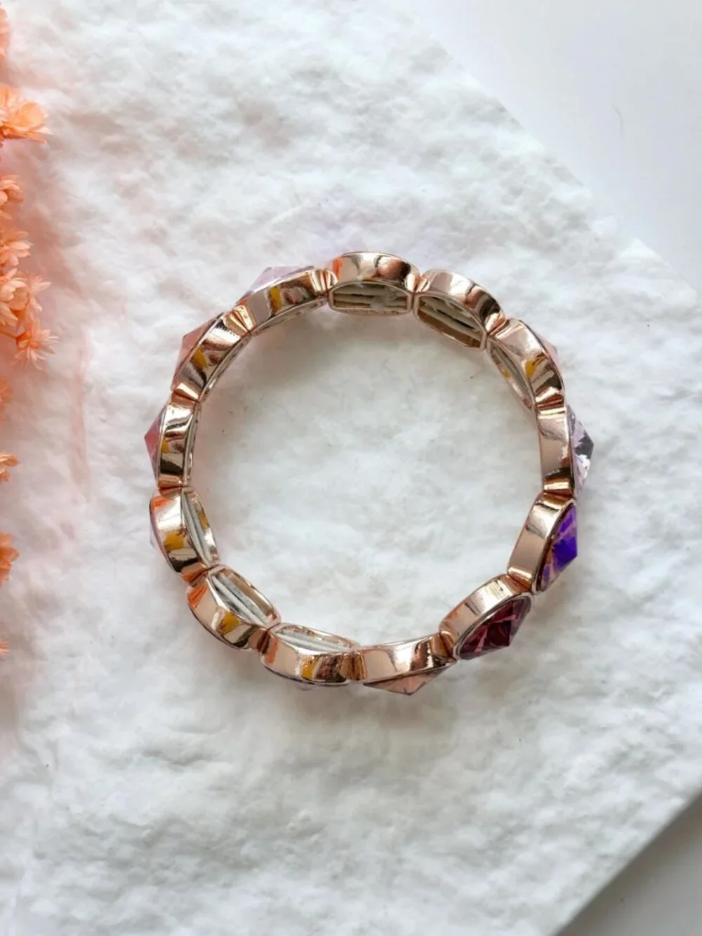 Monet Designer Signed Gold Toned Pink & Orange Rhinestone Stretchy Link Bracelet - Picture 10 of 12